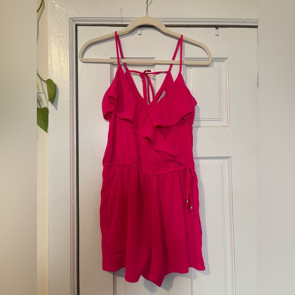 American Eagle Outfitters Fuchsia Ruffle Romper with Pockets